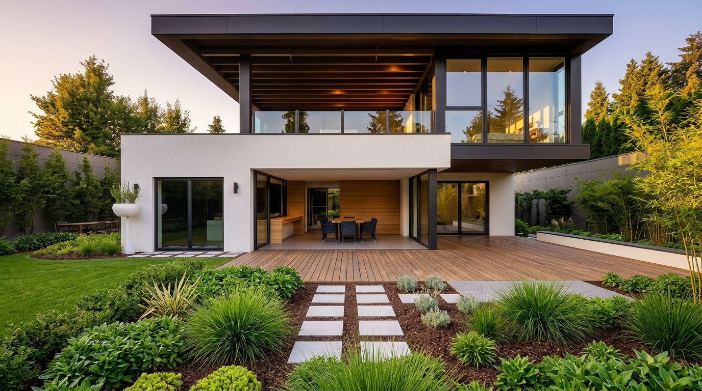 Modernes Wohnhaus mit Terrasse und gepflegtem Garten im Abendlicht